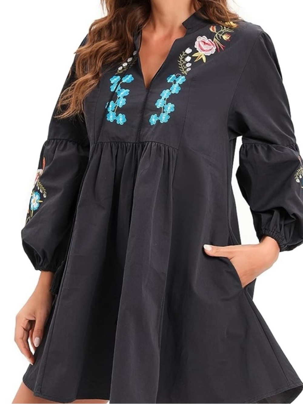 Black Embroidered Babydoll Tunic Dress